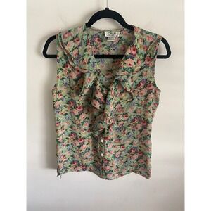 Vintage Floral Ruffle Sleeveless Feminine Blouse Women's Size 8